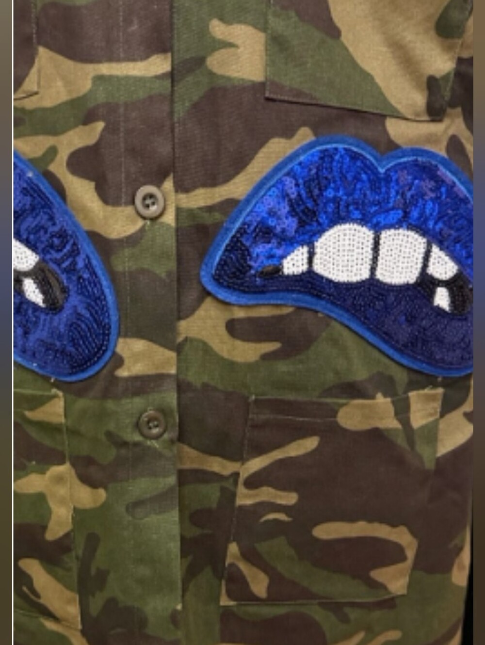 "SOLD" Camo Jacket with Blue Sequin Lip Appliqués - Picture 3 of 6